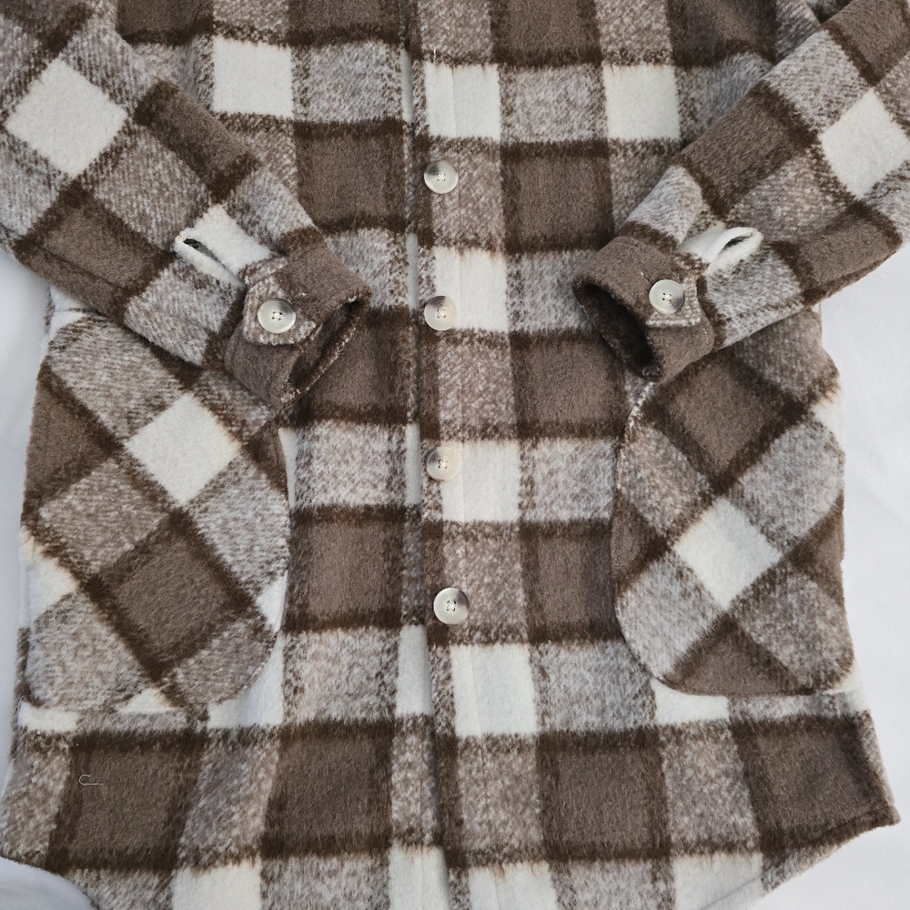 RDI Plaid Longline Sherpa Shacket Jacket Brown Cream Button Front NWT Medium - Picture 9 of 10